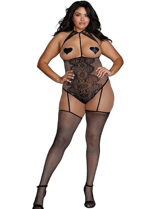 Dreamgirl Fishnet & Lace Teddy Bodystocking - Black